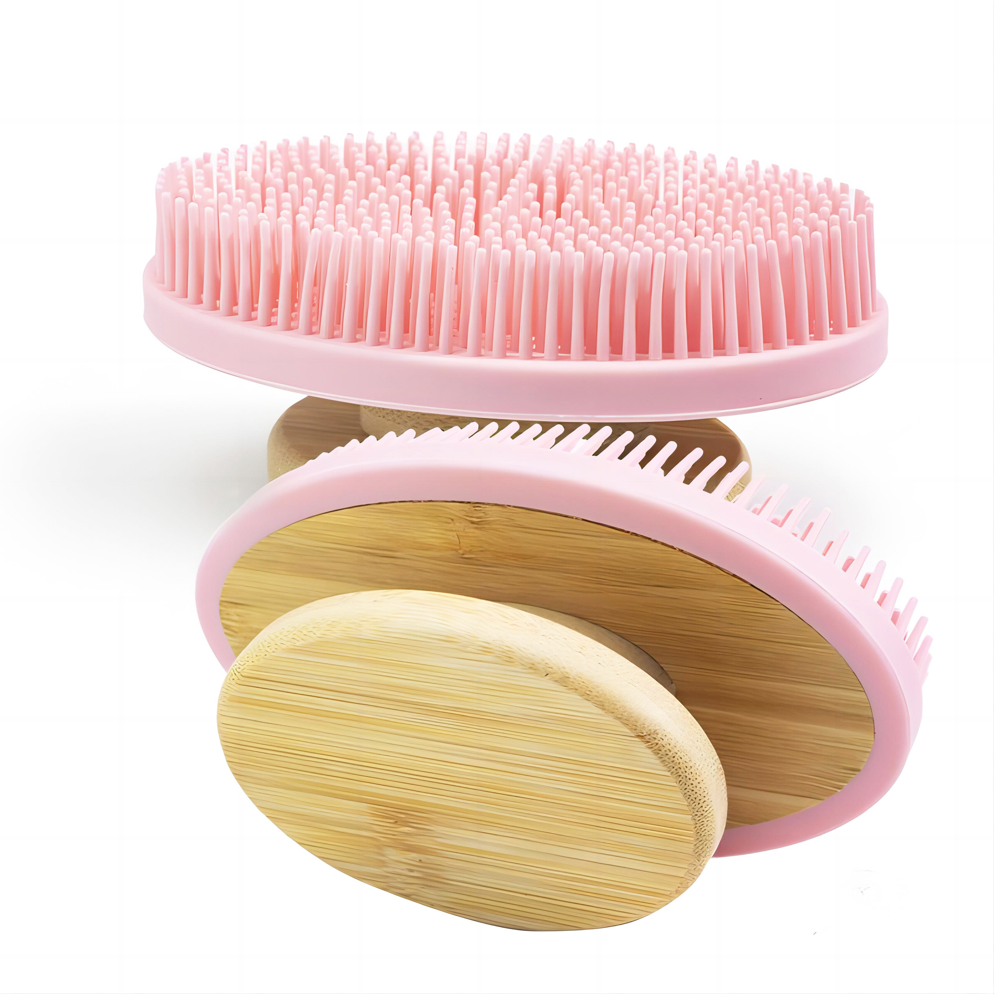 Bath Shower Bamboo Silicone Body Dry Brush Gentle for Skin Exfoliating Back Wash Cleaning Scrub Massager Silicone Body Scrubber