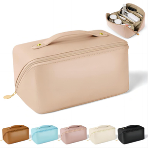 Portable Makeup Bag Opens Flat Lay Makeup Bag with Strap for Travel Waterproof Anti-dust Large Leather Cosmetic Bag for Women